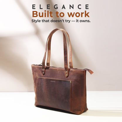 Large Rachel leather tote handbag by Classy Leather Bags, showing spacious interior and elegant brown leather exterior.
