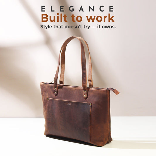 Large Rachel leather tote handbag by Classy Leather Bags, showing spacious interior and elegant brown leather exterior.