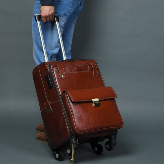 Leather trolley bag by Classy Leather Bags featuring a sleek black carry-on design with sturdy handles and smooth wheels.