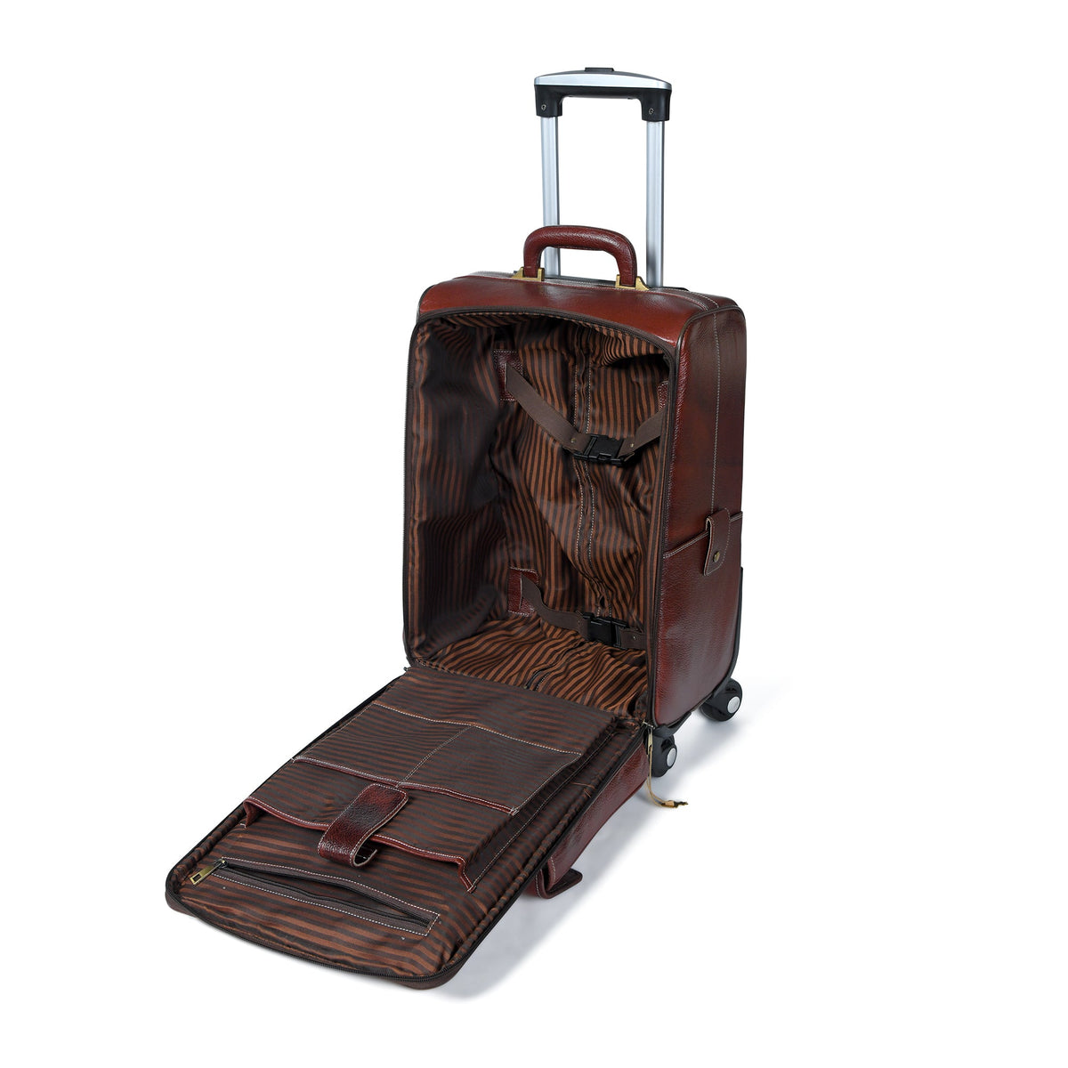 Leather carry-on trolley bag by Classy Leather Bags, with a sleek design, top handle, and wheels for easy travel.