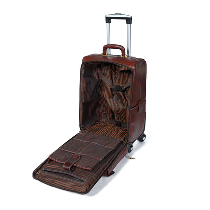 Leather carry-on trolley bag by Classy Leather Bags, with a sleek design, top handle, and wheels for easy travel.