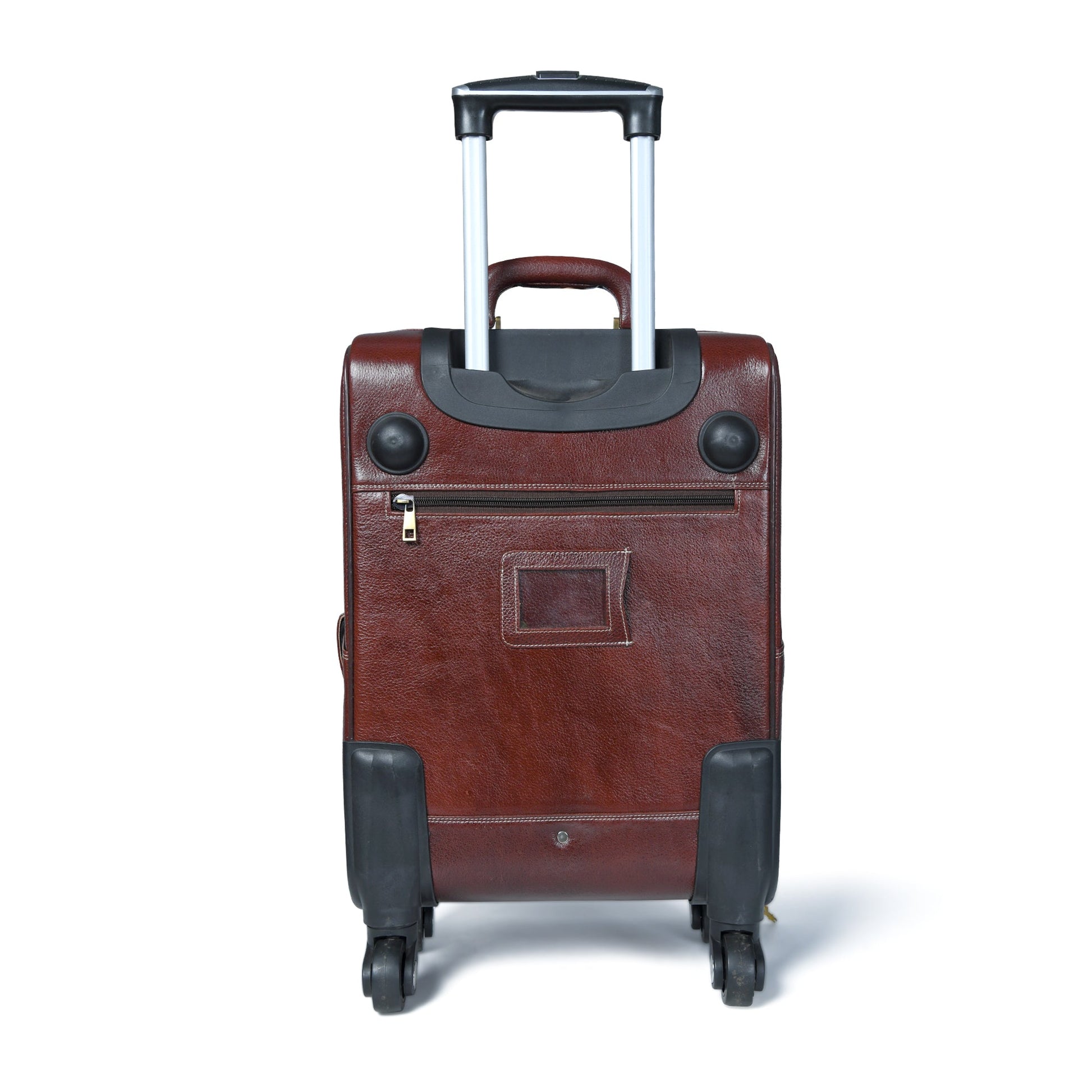 Leather carry-on trolley bag from Classy Leather Bags with sturdy handles and spacious interior for travel essentials.