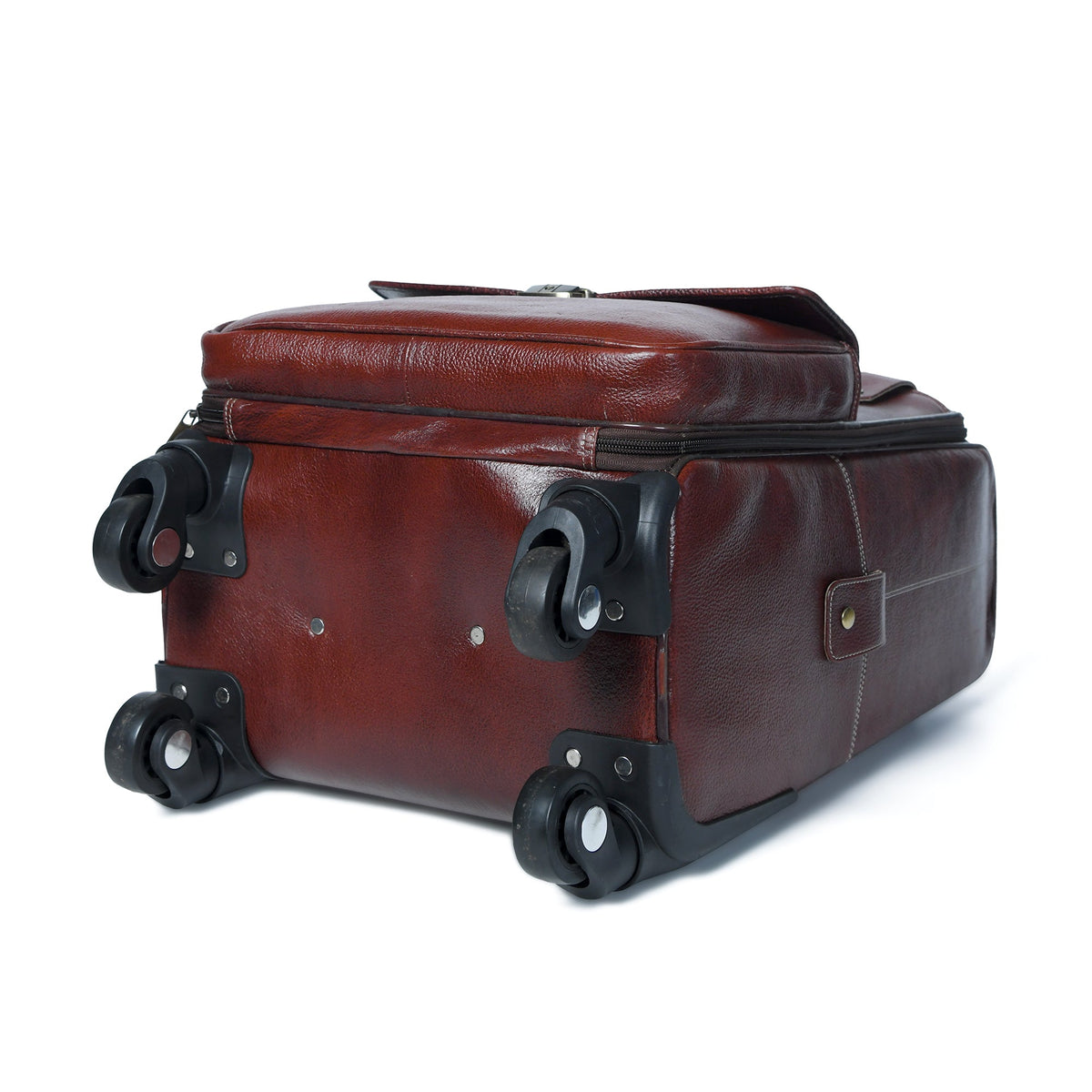 Leather Carry-On Trolley Bag by Classy Leather Bags with sturdy handle and wheels, designed for travel and easy mobility.