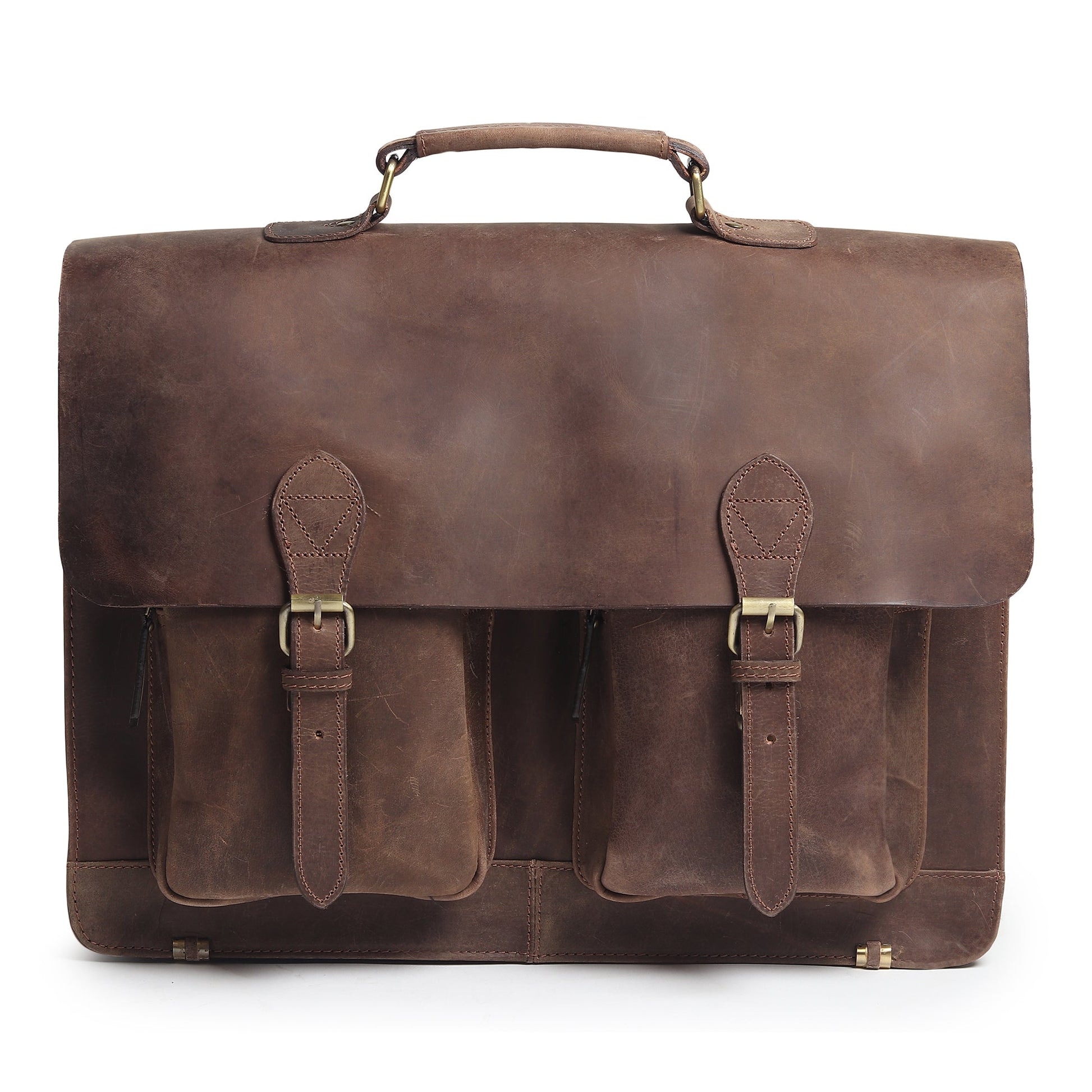 15-inch buffalo leather messenger bag by Classy Leather Bags, featuring a durable design with adjustable strap and multiple compartments.