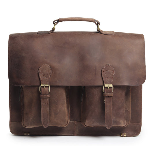 15-inch buffalo leather messenger bag by Classy Leather Bags, featuring a durable design with adjustable strap and multiple compartments.