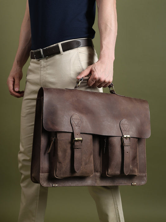Classy Leather Bags 15-inch buffalo leather messenger bag with adjustable strap and multiple compartments for everyday use.