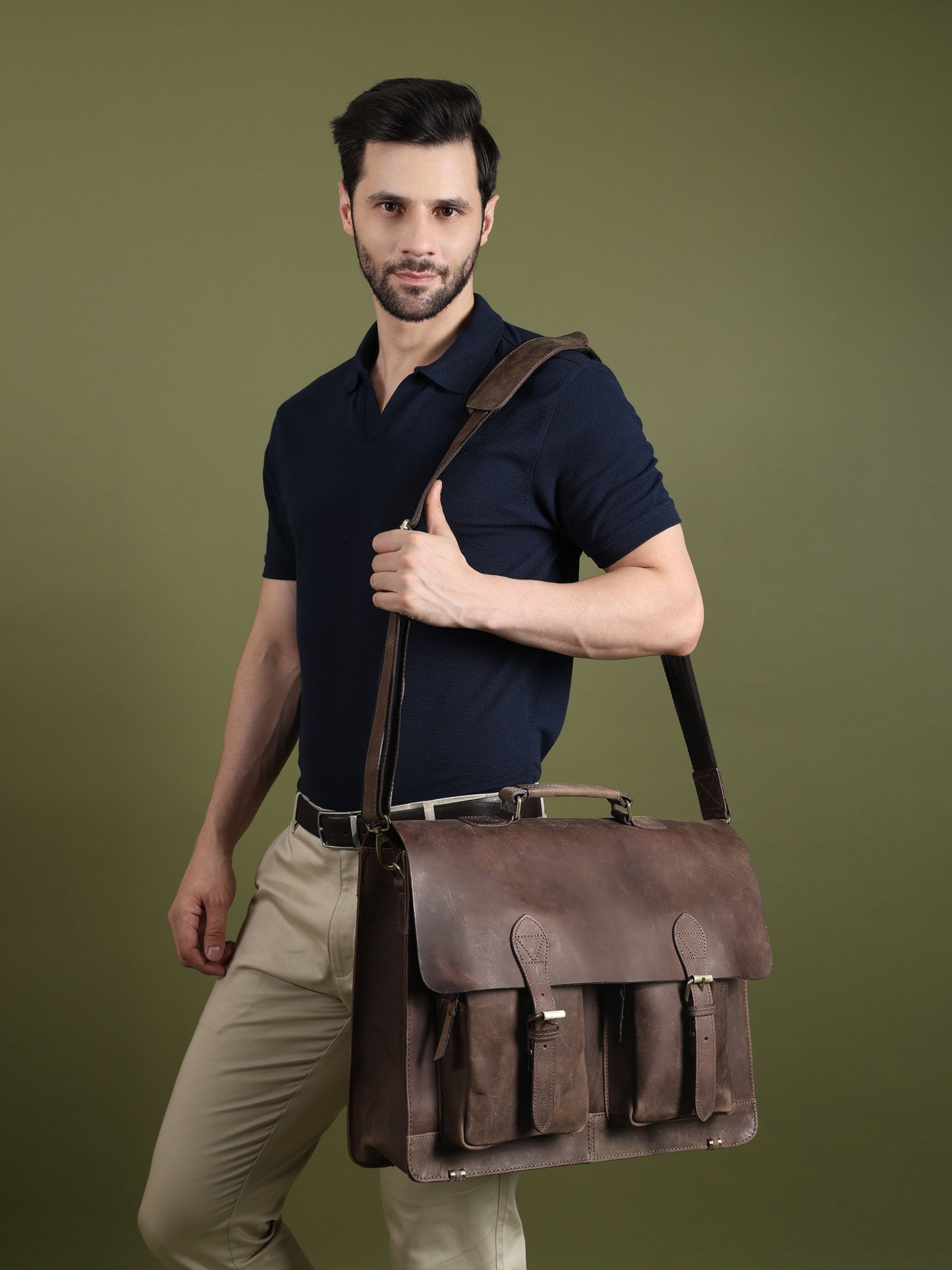 Classy Leather Bags 15-inch buffalo leather messenger bag with adjustable strap and multiple compartments for everyday use.