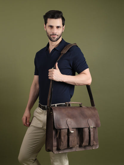 Classy Leather Bags 15-inch buffalo leather messenger bag with adjustable strap and multiple compartments for everyday use.