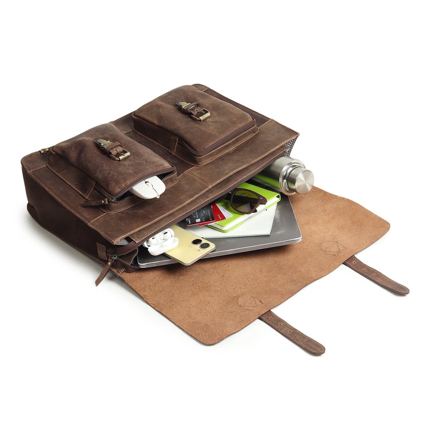 Classy Leather Bags 15-inch buffalo leather messenger bag with adjustable strap and multiple compartments for everyday use.