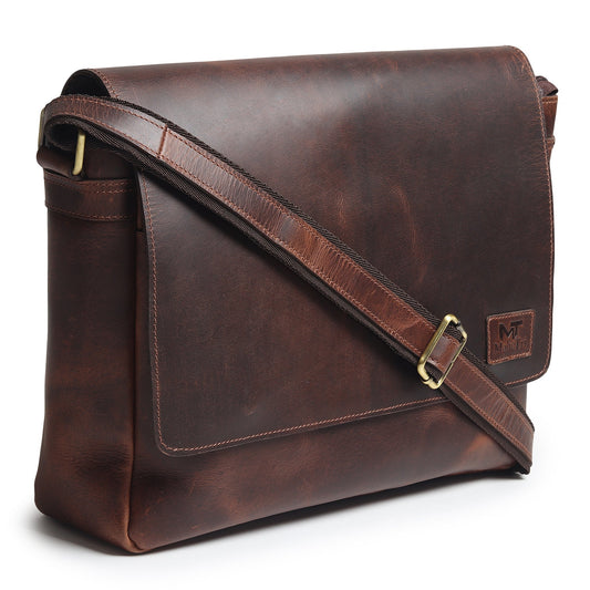 Genuine Sitka leather laptop bag from Classy Leather Bags, stylish messenger bag with sturdy leather construction and adjustable strap.