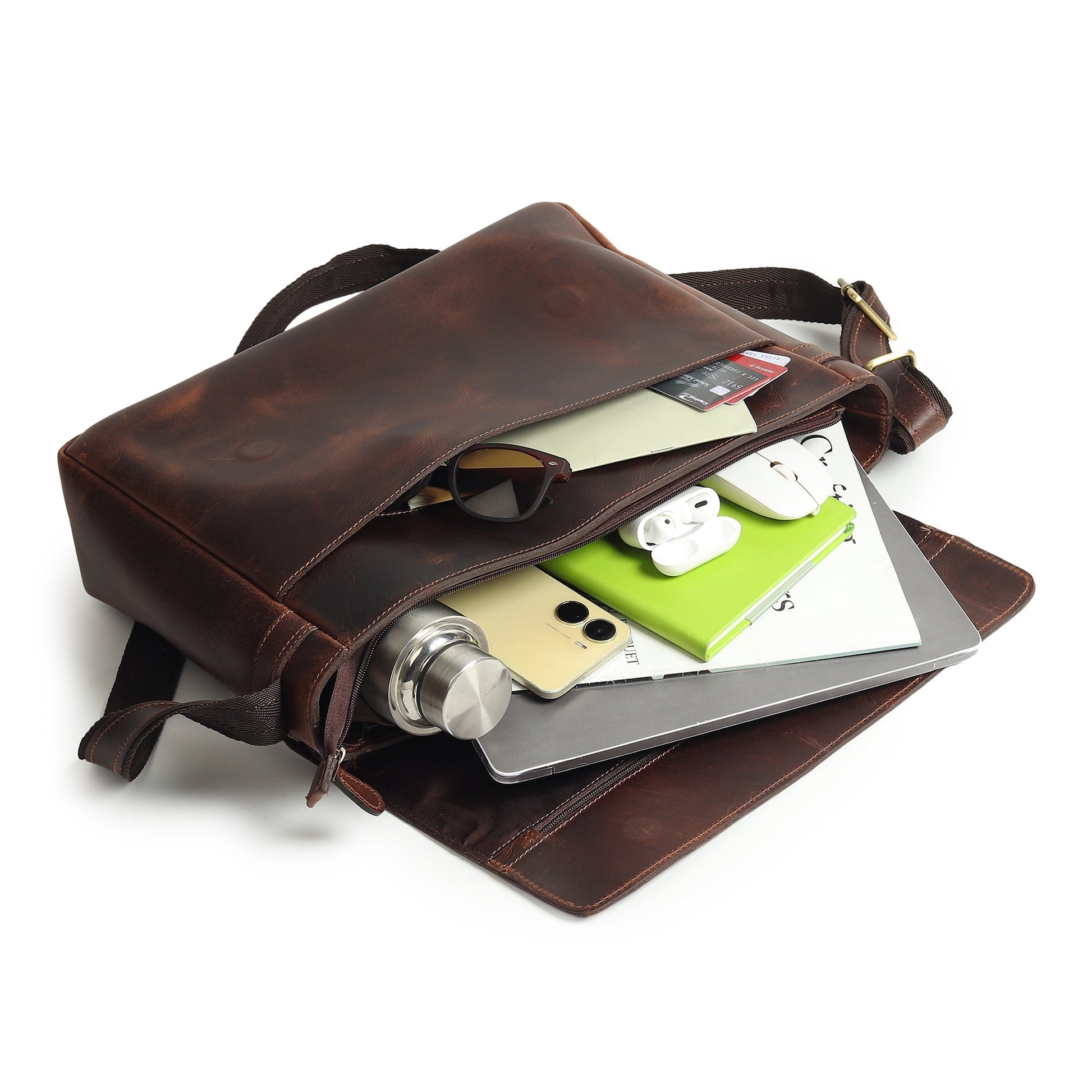 Genuine Sitka leather messenger bag by Classy Leather Bags, featuring a sleek design and sturdy shoulder strap for laptops.