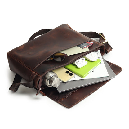Genuine Sitka leather messenger bag by Classy Leather Bags, featuring a sleek design and sturdy shoulder strap for laptops.