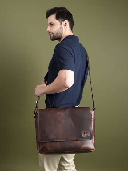 Genuine Sitka leather messenger bag by Classy Leather Bags, featuring a classic design and sturdy strap for laptop carrying