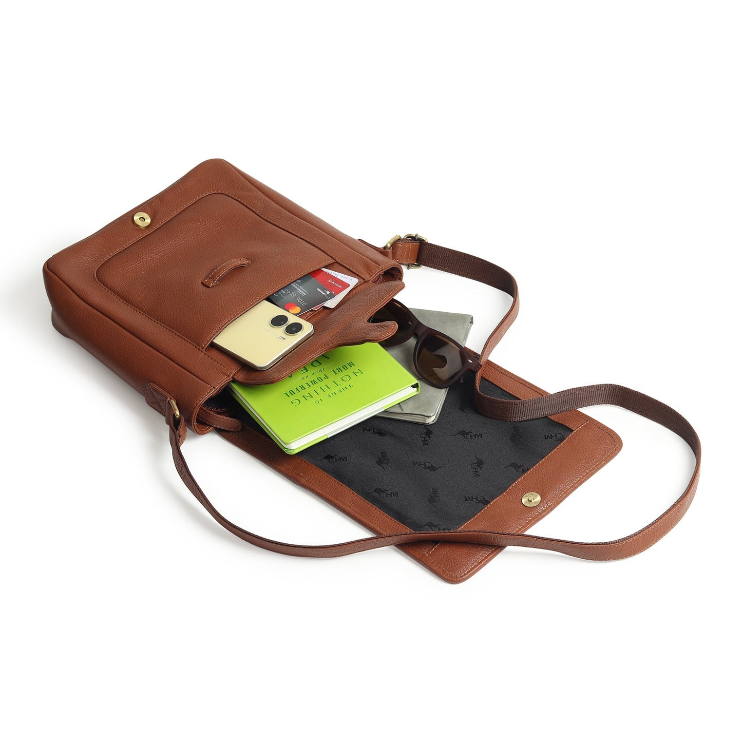 Leather crossbody bag from Classy Leather Bags, stylish messenger bag for travel and work, with adjustable strap and multiple compartments.