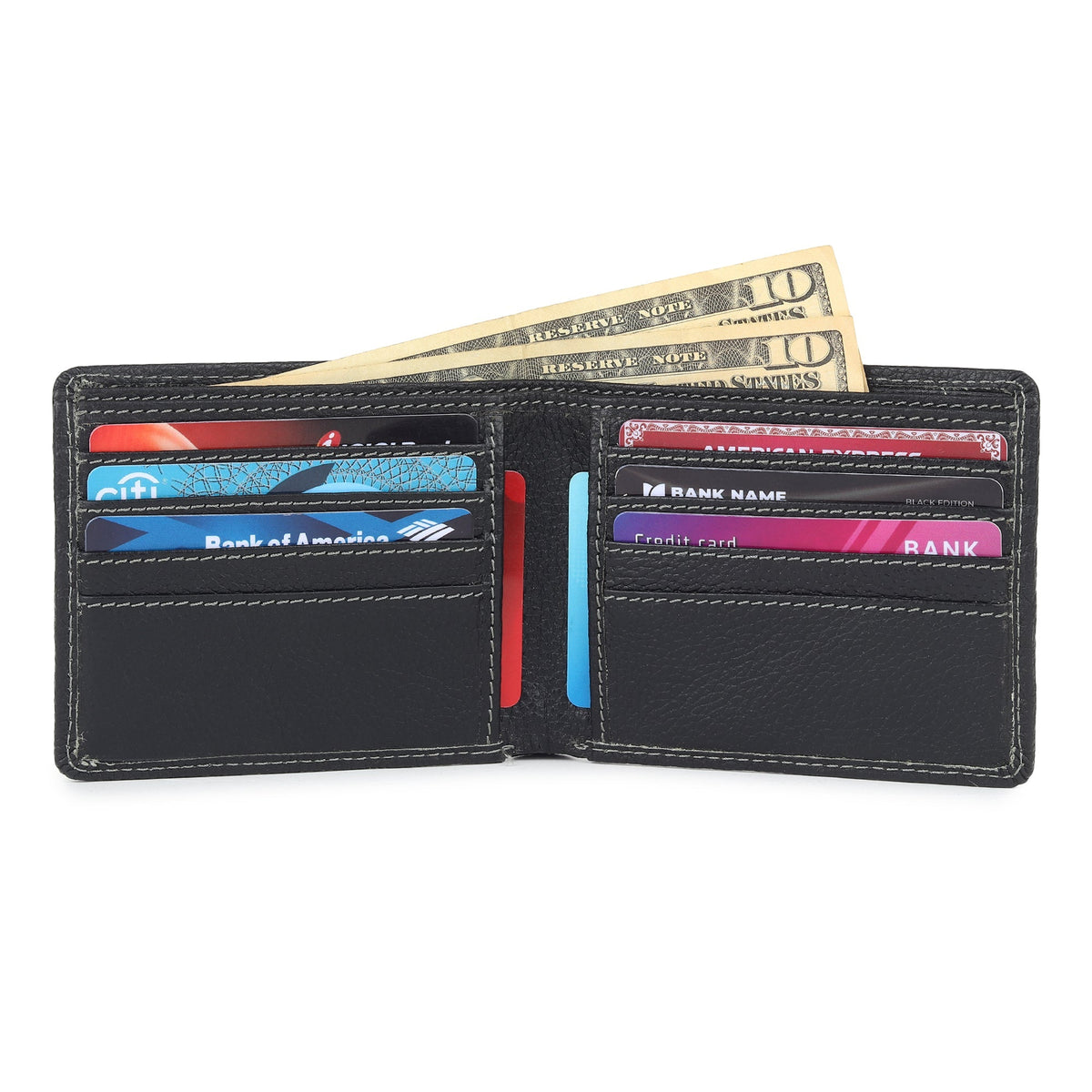 Black textured leather men's wallet from Classy Leather Bags, showing front view with multiple card slots and sleek design.