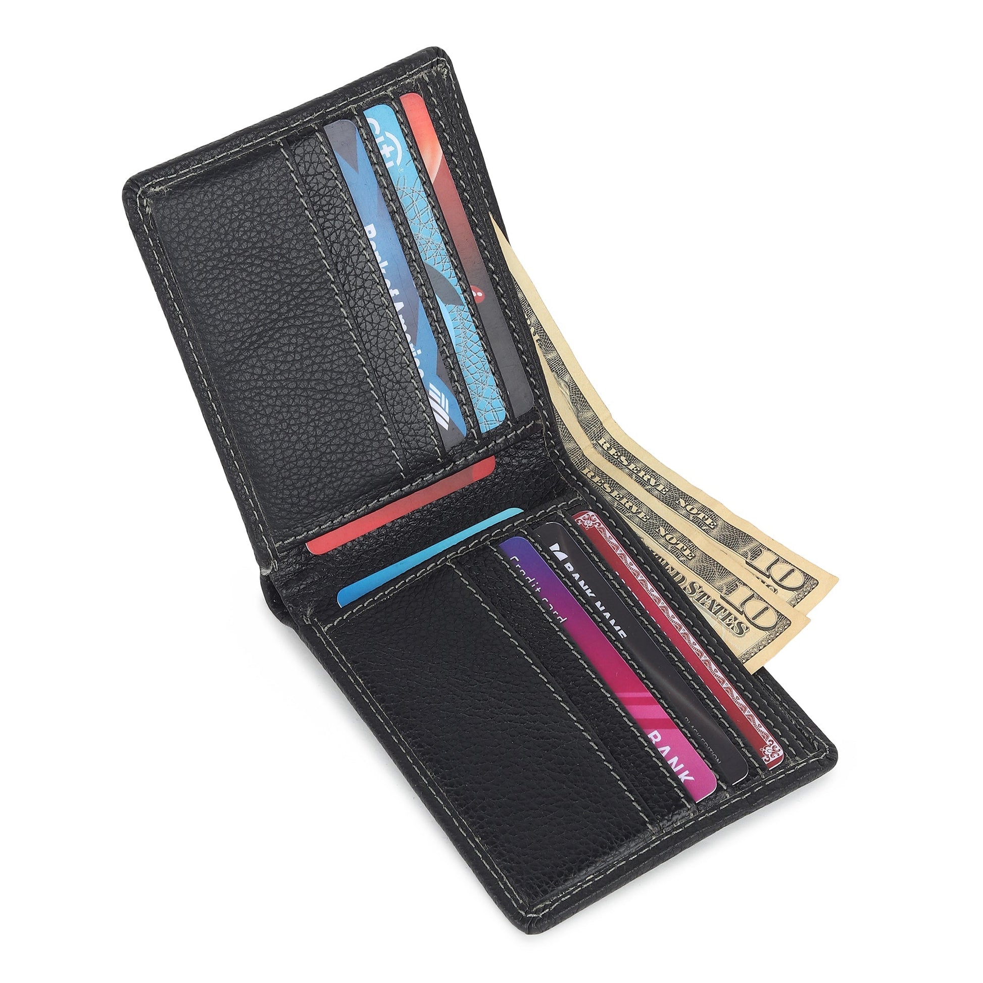 Black textured leather men's wallet from Classy Leather Bags, showing multiple card slots and a sleek design.