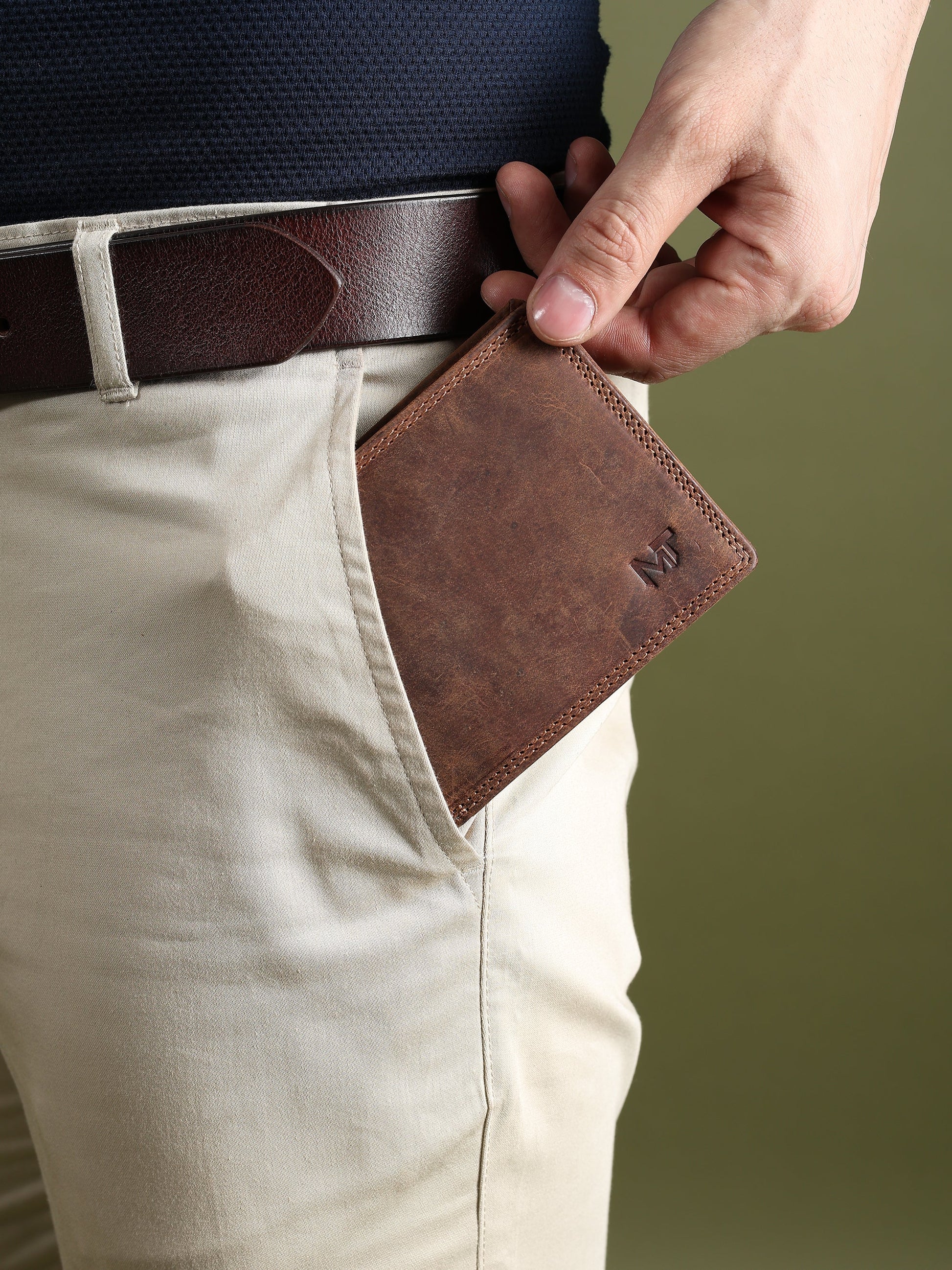 Buffalo leather men's wallet in hunter color by Classy Leather Bags, featuring multiple card slots and a sleek design.