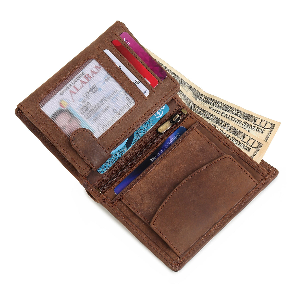 Vertical buffalo leather men's wallet by Classy Leather Bags showing multiple card slots and a sleek design.