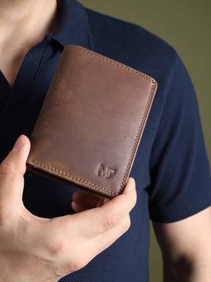 Vertical men's wallet made of buffalo leather by Classy Leather Bags, showcasing a sleek, durable design and multiple card slots.