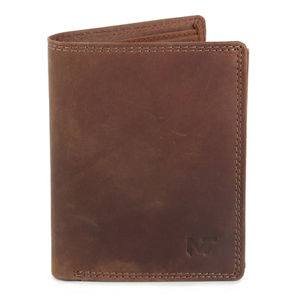 Vertical buffalo leather men's wallet by Classy Leather Bags, showing the sleek design and smooth texture of the wallet.