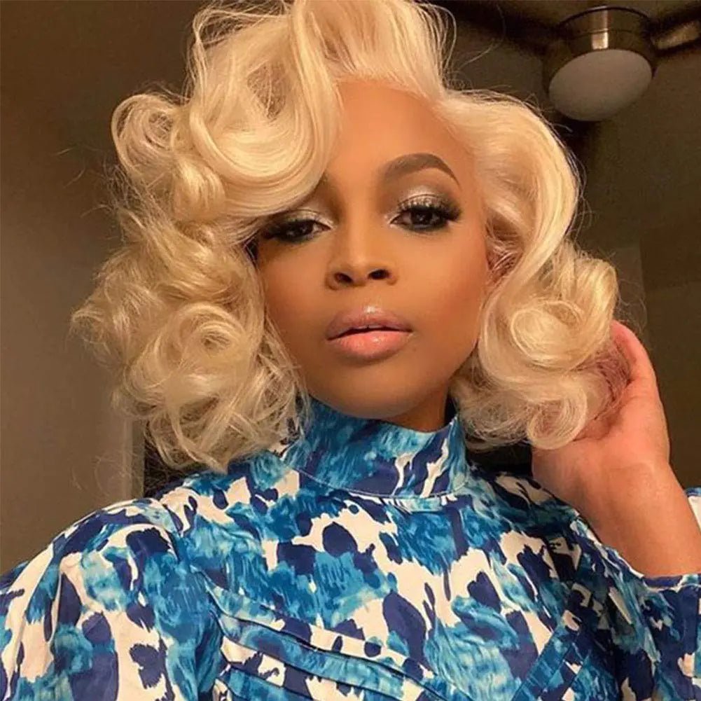 CLIONE Short Curly Wig with Bangs Blonde Curly Wigs for Women Afro Curly Synthetic Wig Short Fluffy Bouncy Curly Wigs Cosplay Party Costume Wigs - BACKUPMYFILESNOW