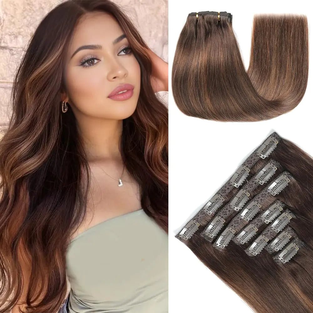 Clip in Hair Extensions Real Human HairRemy Human Hair Extensions Clip ins for WomenNatural Human Hair 16inch 120g 7PcsDark Brown to Chestnut Brown - BACKUPMYFILESNOW