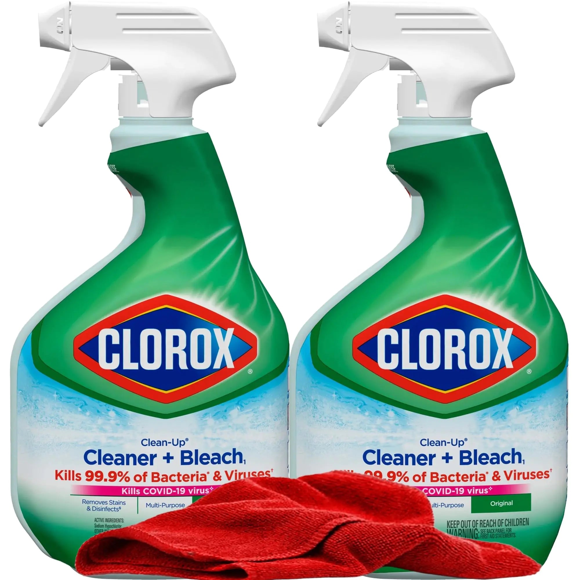 Clorox Clean - Up Cleaner Bleach Spray 2 Pack All Purpose Bleach Spray Trigger Disinfects KitchenBathroomTilesOriginal Scent Mold & Mildew Cleaner 32 oz. Each plus red Microfiber Cleaning Cloth - BACKUPMYFILESNOW