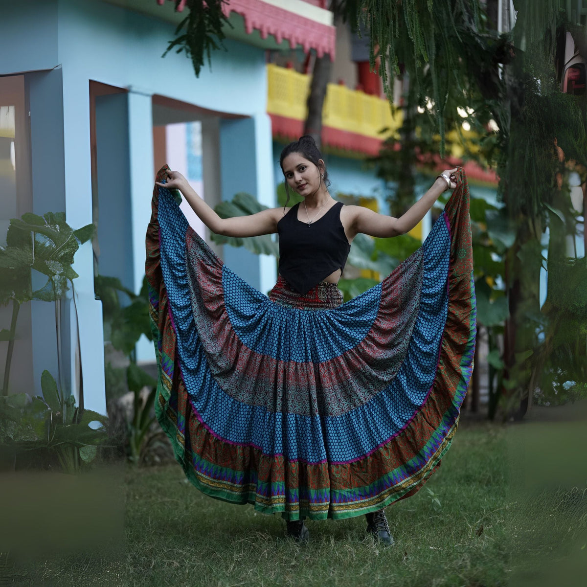 Limited edition Woodstock Dreams Fiesta Sunset skirt by Darn Good Yarn, vibrant bohemian clothing with colorful patterns.