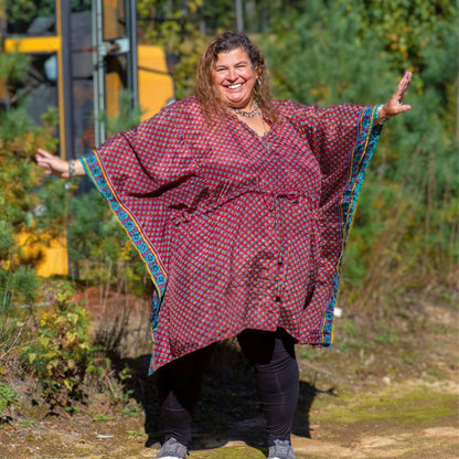 Darn Good Yarn Surplus Aanya adjustable short kaftan in warm tones, lightweight clothing with a relaxed fit and vibrant design.