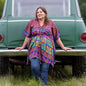 Darn Good Yarn Surplus Aanya Adjustable Short Kaftan in warm tones, lightweight clothing with a relaxed fit and colorful pattern.