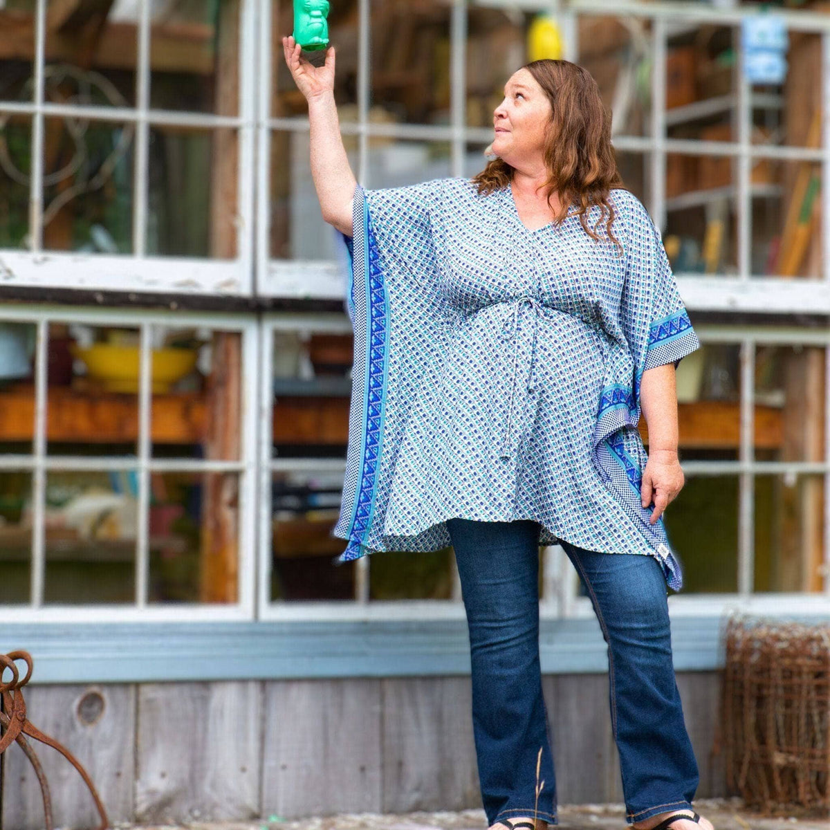 Surplus Aanya adjustable short kaftan in warm tones, lightweight clothing by Darn Good Yarn, flowing and comfortable for casual wear.