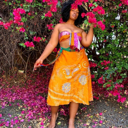 Darn Good Yarn Made With Love sari wrap skirt in vibrant fabric, styled as a versatile clothing and accessories piece.