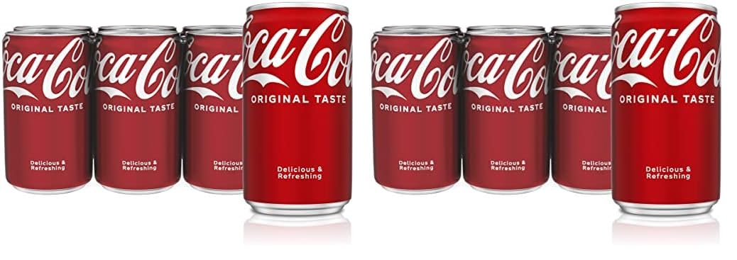 Six Coca-Cola soda mini cans, 7.5 fl oz each, in a fridge pack, displayed together with red and white branding.