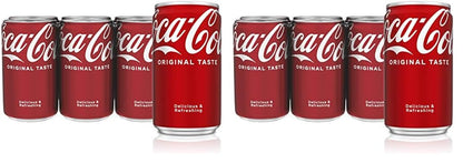 Six Coca-Cola soda mini cans, 7.5 fl oz each, in a fridge pack, displayed together with red and white branding.