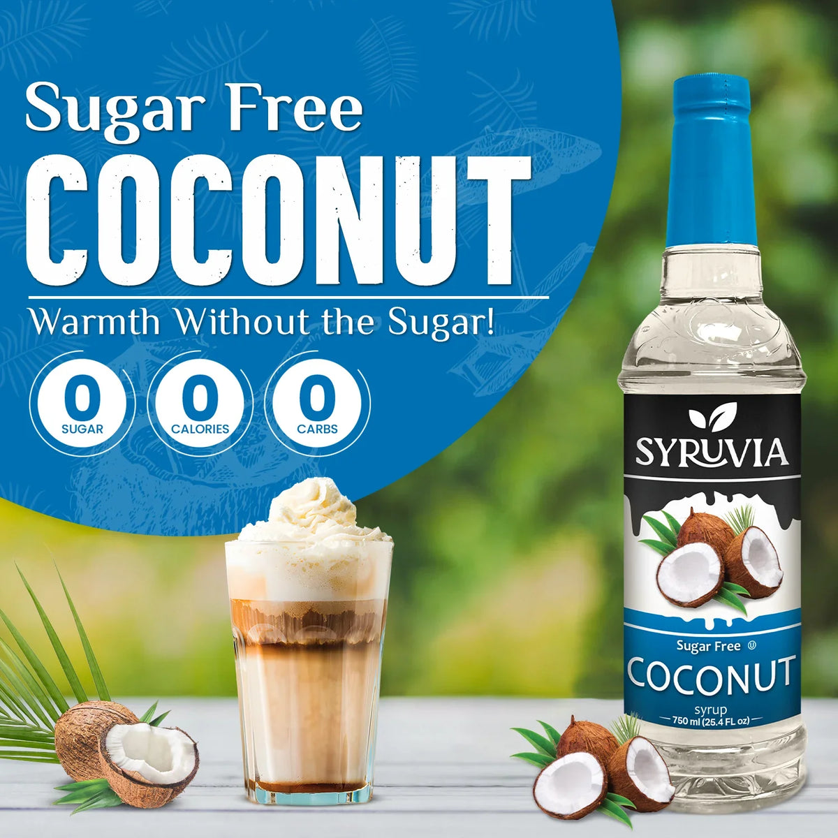 Bottle of Syruvia sugar-free coconut syrup with a clear label, showing a coconut flavor and keto-friendly ingredients.