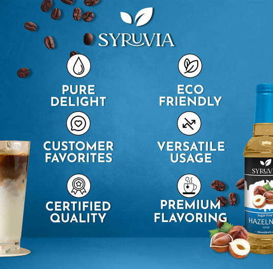 Bottle of Syruvia sugar-free hazelnut syrup for coffee flavoring, featuring a clear label and a dark brown liquid inside.