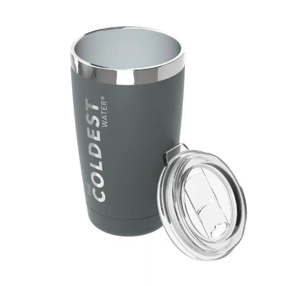 Coldest 20 oz Tumbler v2 in stainless steel with black lid, designed for hydration and keeping drinks cold.