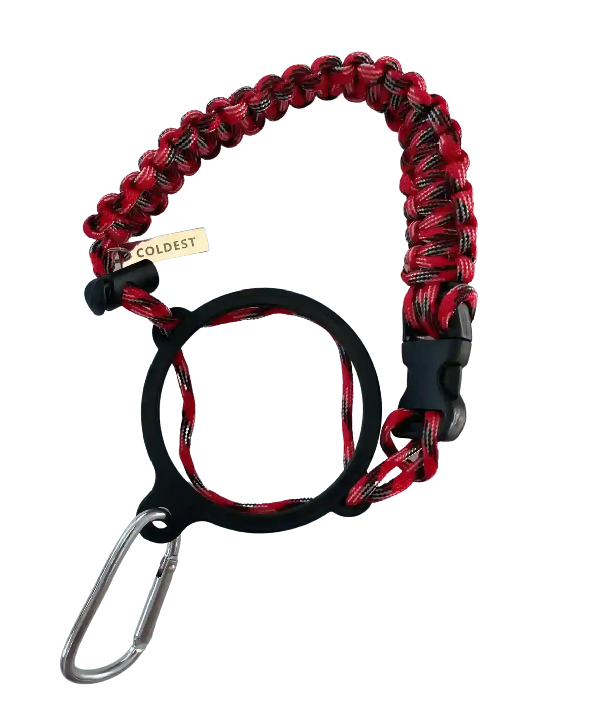 Coldest Paracord Handle accessory with durable black and red paracord, designed for outdoor gear and utility use.