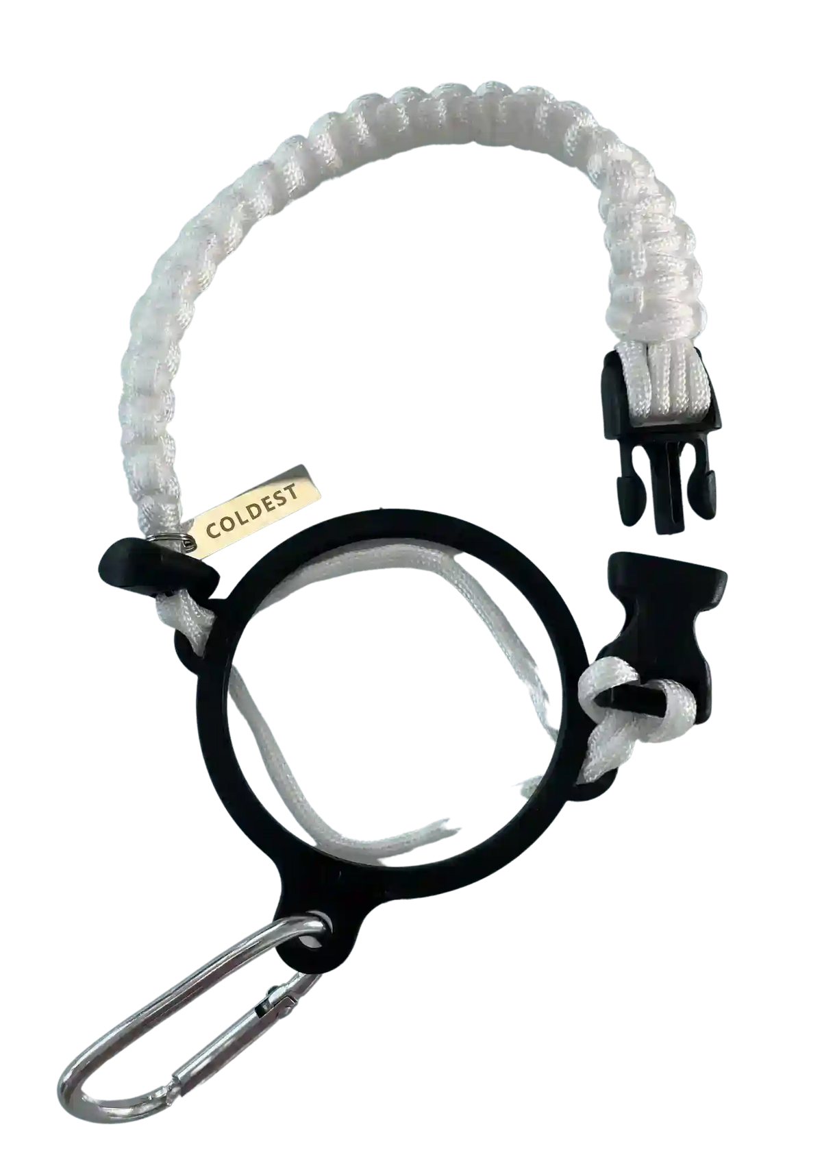 Coldest Paracord Handle accessory featuring a durable black paracord grip and sturdy metal attachment for outdoor gear.