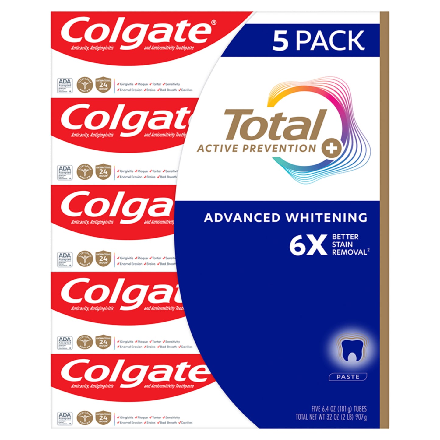Five 6.4 oz tubes of Colgate Total Active Prevention Plus Advanced Whitening Toothpaste stacked together.