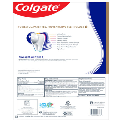 Five tubes of Colgate Total Active Prevention Plus Advanced Whitening Toothpaste, 6.4 oz, arranged in a pack.