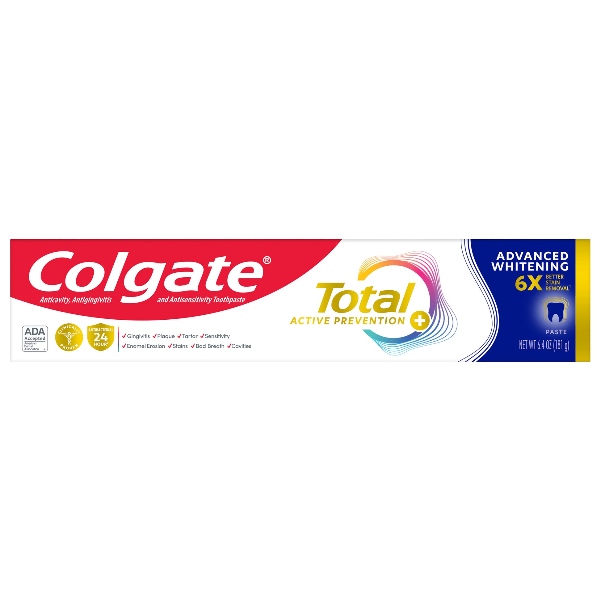 Five tubes of Colgate Total Active Prevention Plus Advanced Whitening Toothpaste, 6.4 oz, arranged in a pack.