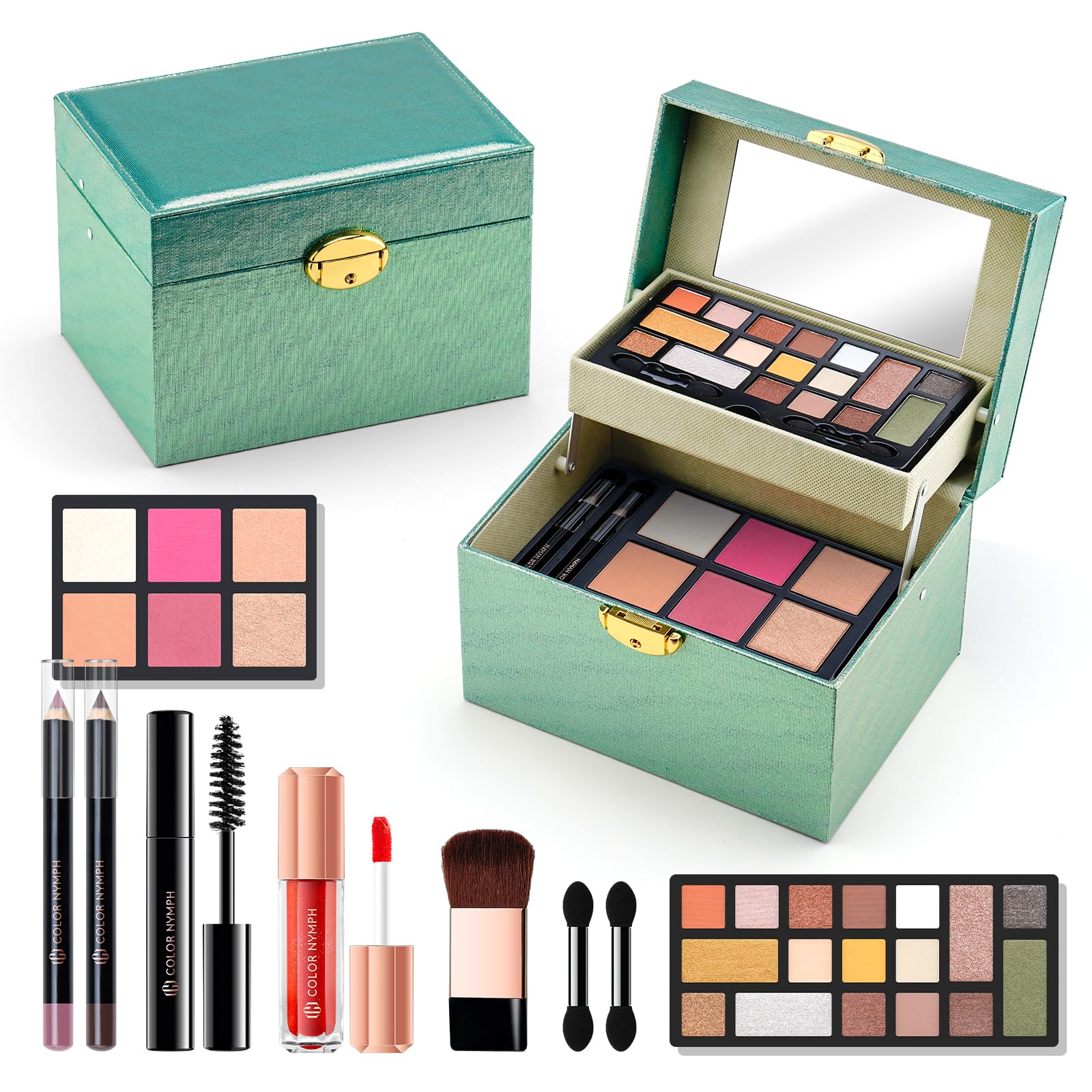 Color Nymph Beginner Makeup Kit For Teens Girls Makeup kits With Recyclable And Key - Lockable Cabinet Included 17 - Colors Eyeshadows Blushes Bronzer Highlighter Lipstick Brushes Mirror(Green) - BACKUPMYFILESNOW