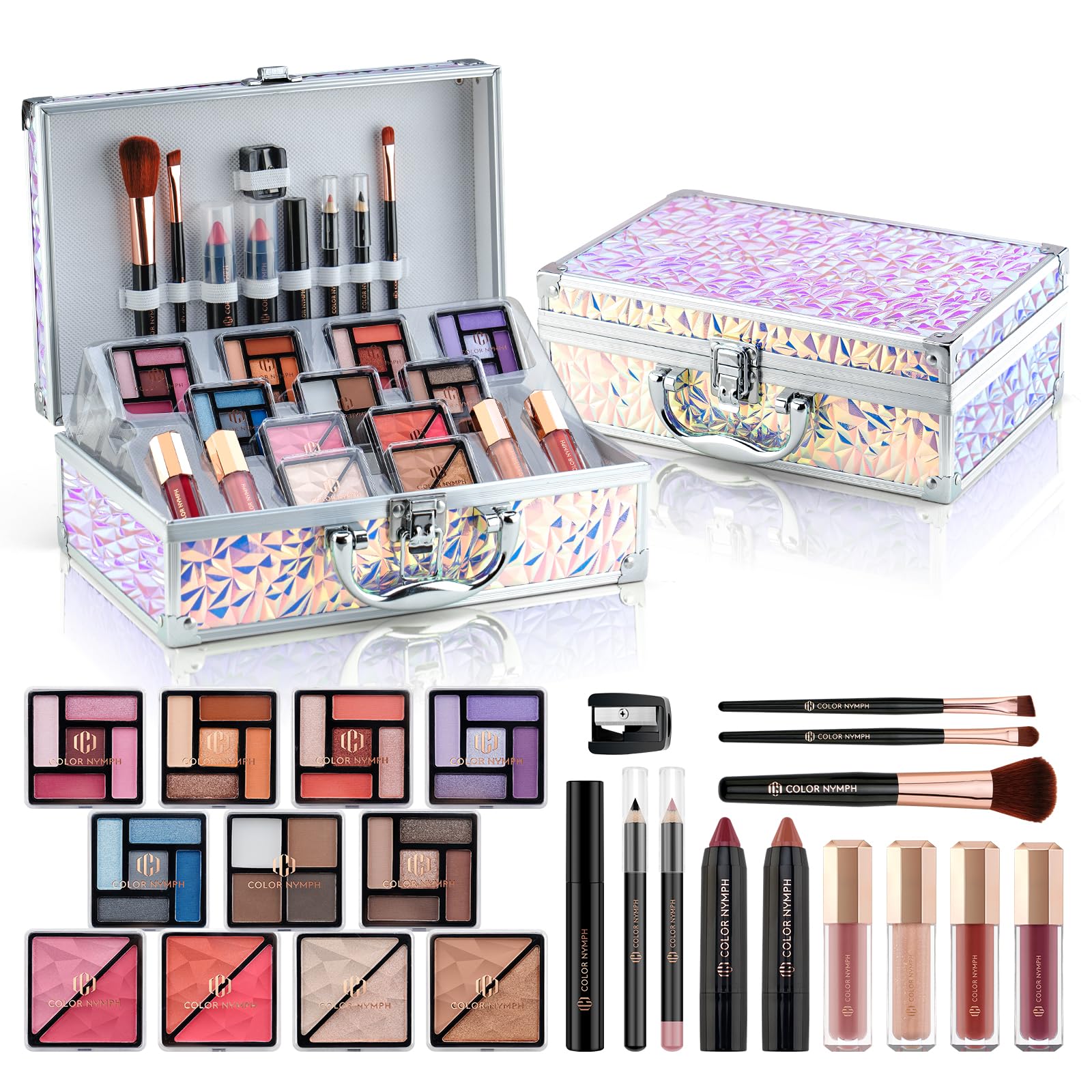 Color Nymph Makeup Kit with Cosmetics Case Train Case Makeup Kits For Teenage Girls Beginner Women Make up Kit Cosmetics Box Includs Eyeshadow Lipstick Blush Lipgloss Mascara and Tools - Dreamy Silver - BACKUPMYFILESNOW