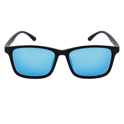 Morspecs commuter polarized horn-rimmed sunglasses with matte black frame and blue mirror lenses