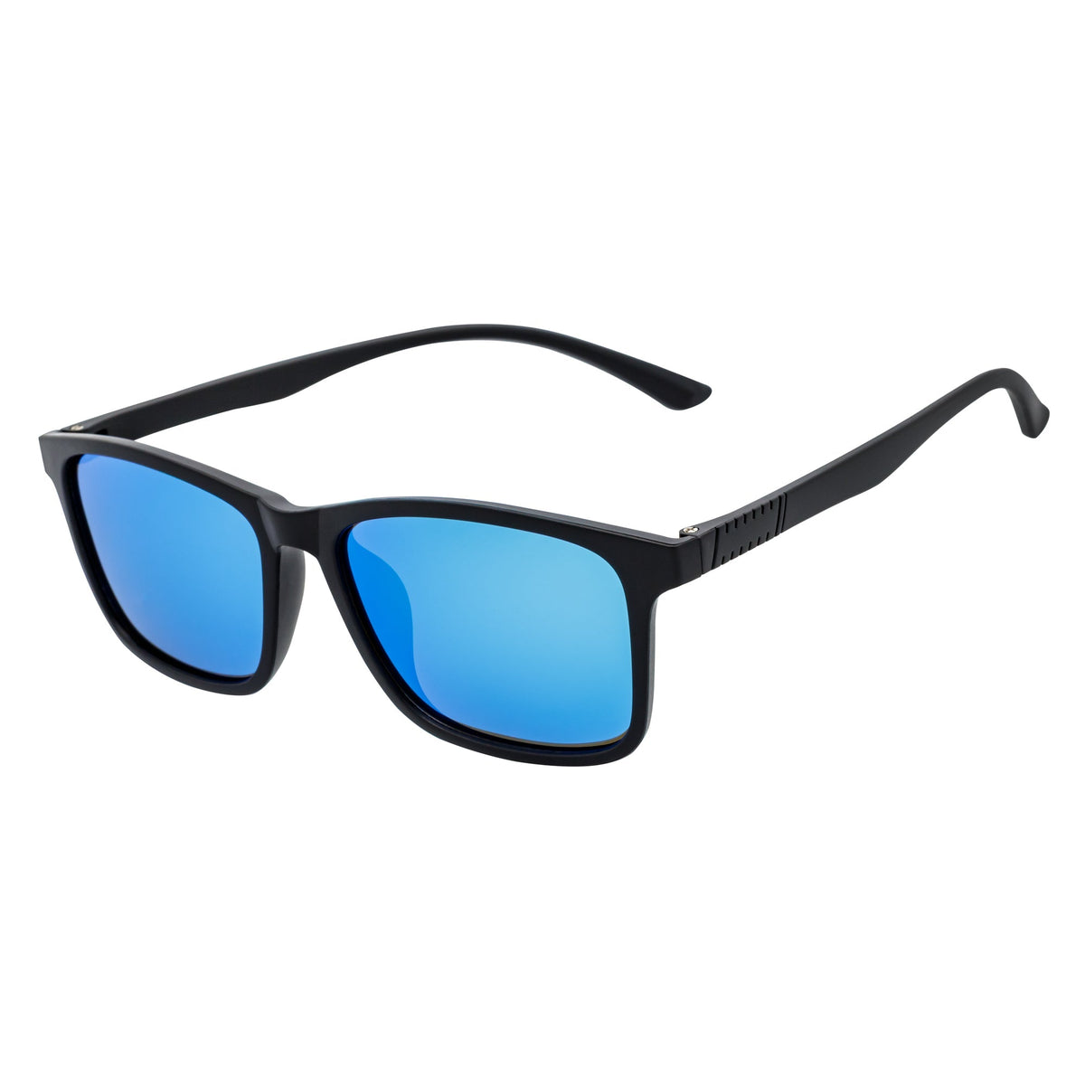 Morspecs commuter polarized horn rimmed sunglasses in matte black with blue mirror lenses, stylish and protective eyewear.