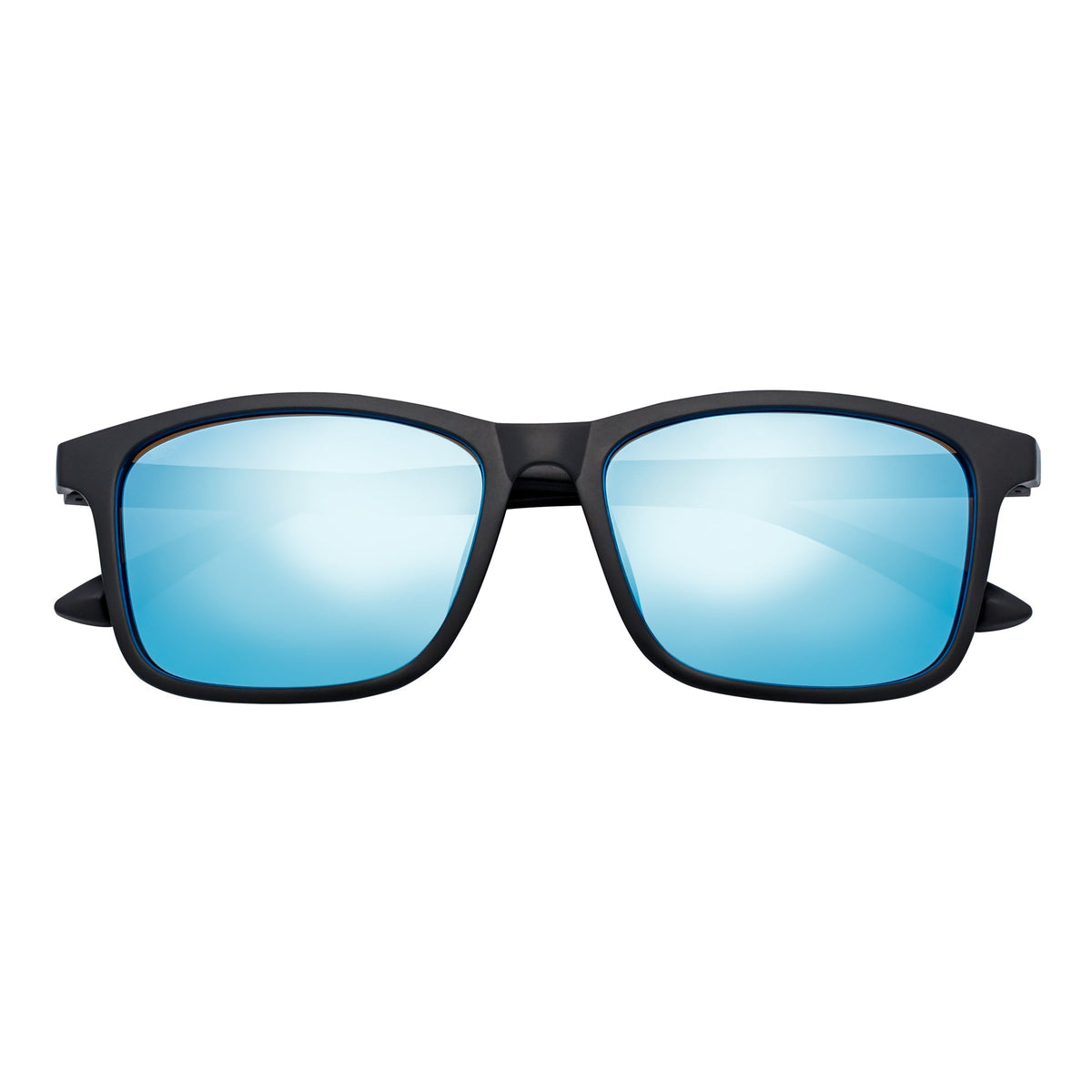 Morspecs commuter polarized horn-rimmed sunglasses in matte black with blue mirror lenses, stylish and protective eyewear.