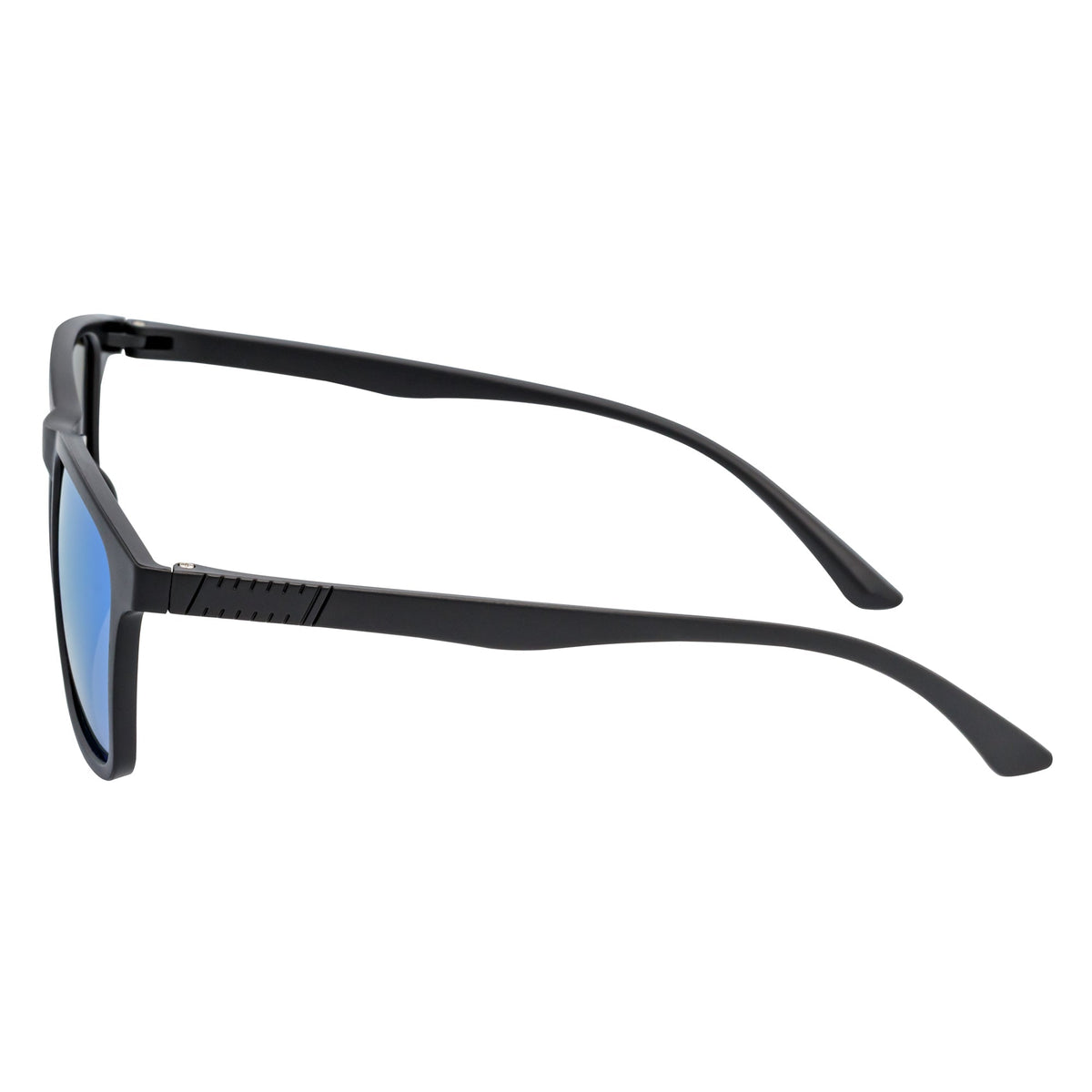 Morspecs commuter polarized horn rimmed sunglasses with matte black frame and blue mirror lenses, stylish eyewear for outdoor use