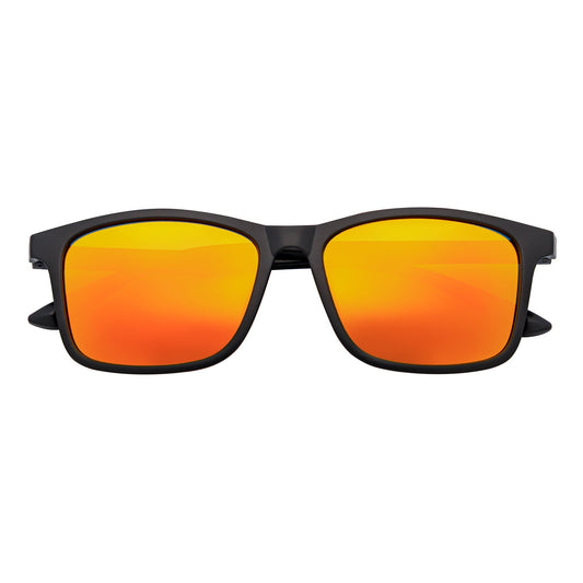 Morspecs commuter polarized horn-rimmed sunglasses with matte black frame and orange mirrored lenses, stylish and protective eyewear