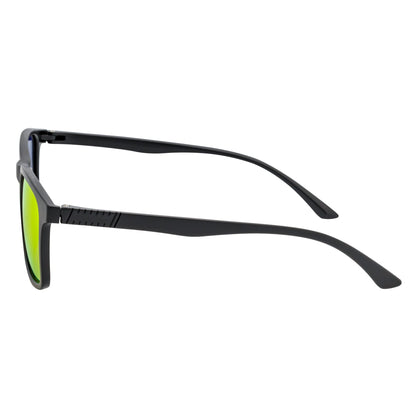 Morspecs commuter polarized horn-rimmed sunglasses with matte black frame and orange mirrored lenses, stylish and protective eyewear